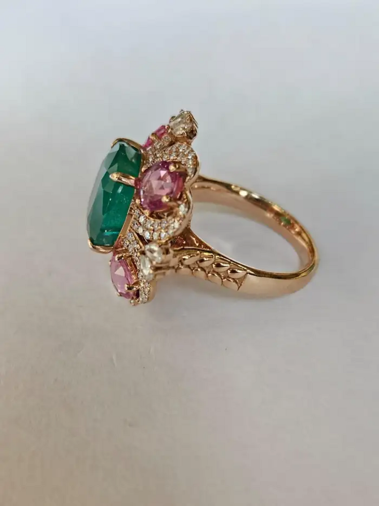 Natural Zambian Emerald & Ceylon Pink Sapphire Ring - 18k Rose Gold Diamond Wedding Ring