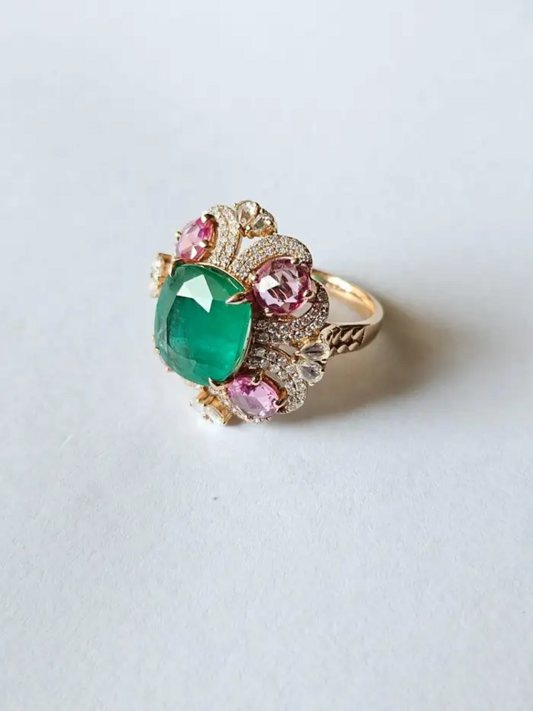 Natural Zambian Emerald & Ceylon Pink Sapphire Ring - 18k Rose Gold Diamond Wedding Ring