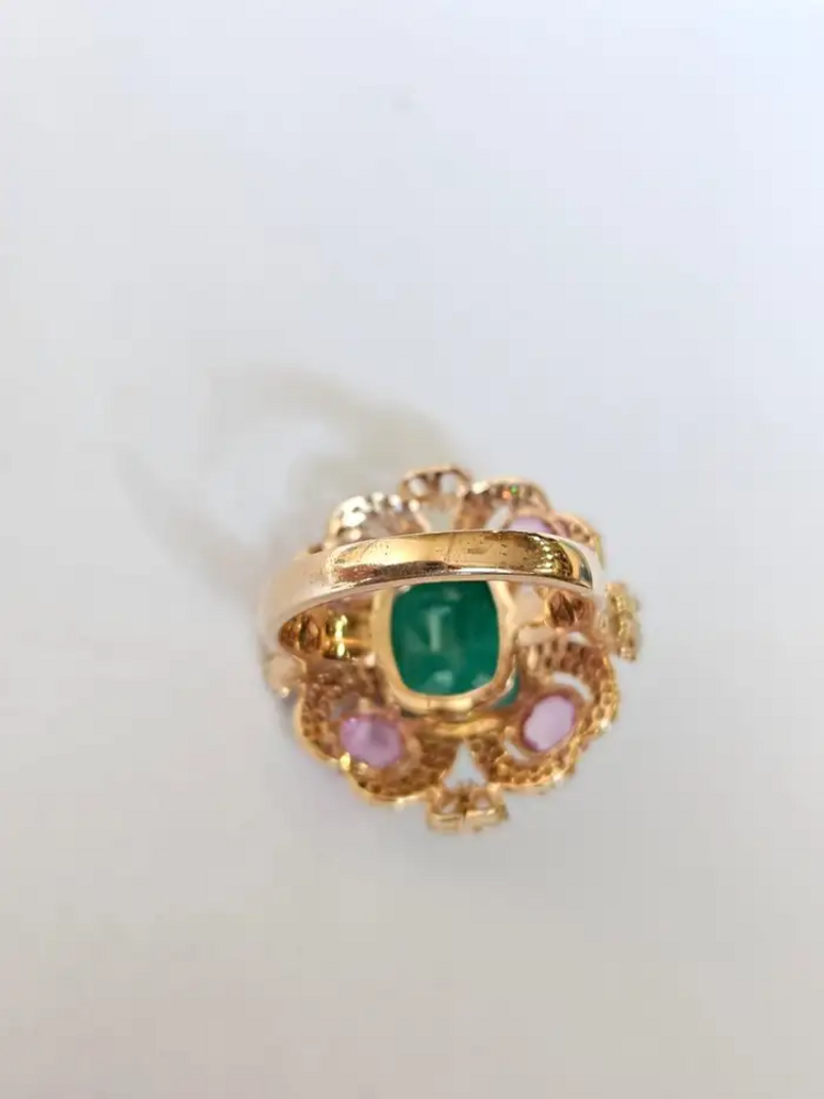 Natural Zambian Emerald & Ceylon Pink Sapphire Ring - 18k Rose Gold Diamond Wedding Ring
