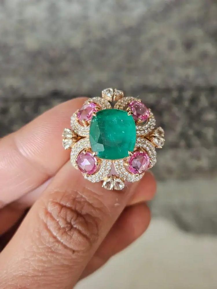 Natural Zambian Emerald & Ceylon Pink Sapphire Ring - 18k Rose Gold Diamond Wedding Ring