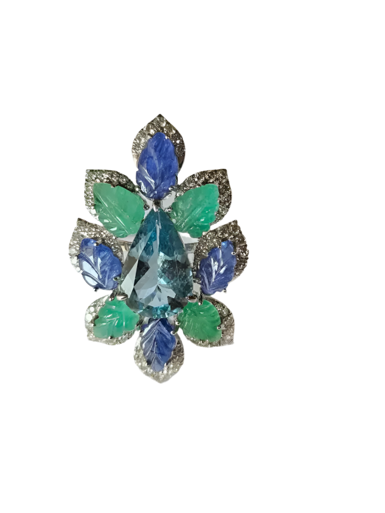 Aquamarine, Blue Sapphires, Emeralds & Diamonds Cocktail Ring - 18k White Gold Diamond Statement Ring
