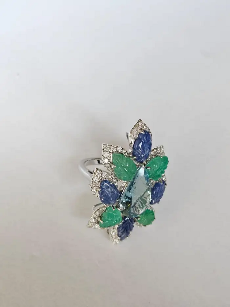 Aquamarine, Blue Sapphires, Emeralds & Diamonds Cocktail Ring - 18k White Gold Diamond Statement Ring