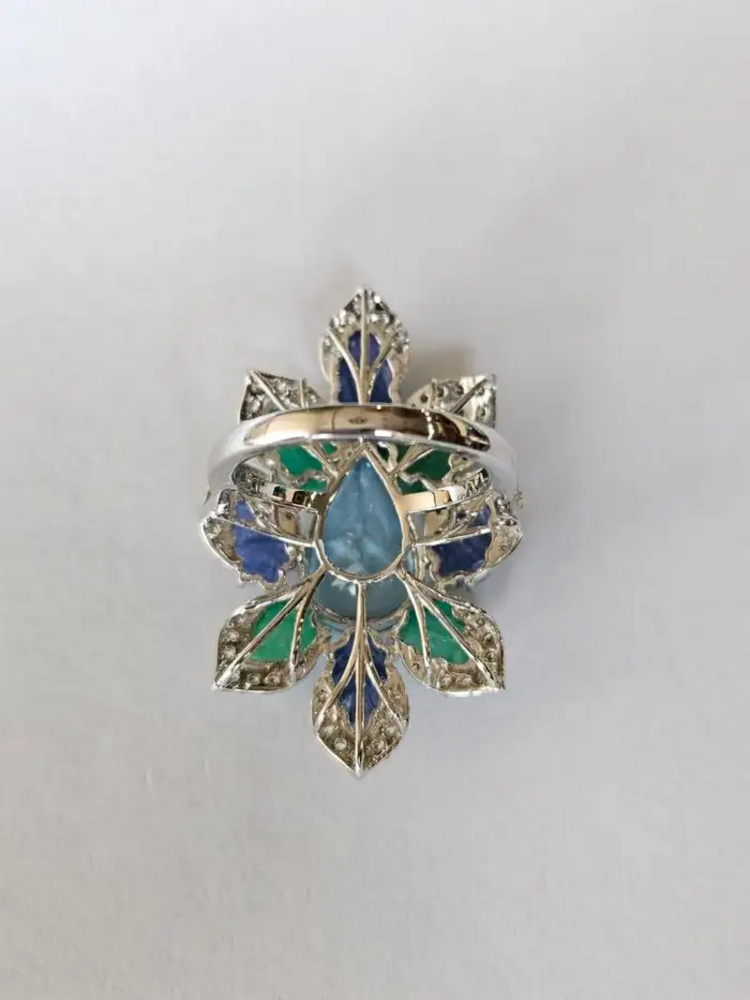 Aquamarine, Blue Sapphires, Emeralds & Diamonds Cocktail Ring - 18k White Gold Diamond Statement Ring