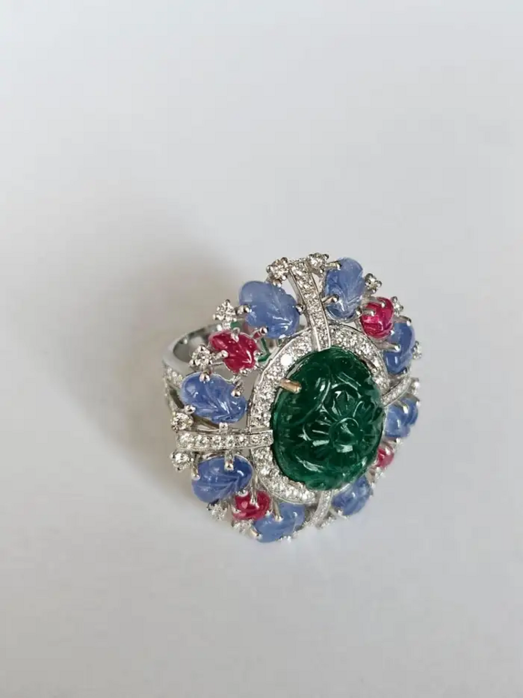 18k White Gold Handmade Cocktail Ring - Carved Emerald, Blue Sapphire & Ruby Statement Ring - Gold Diamond Women Ring