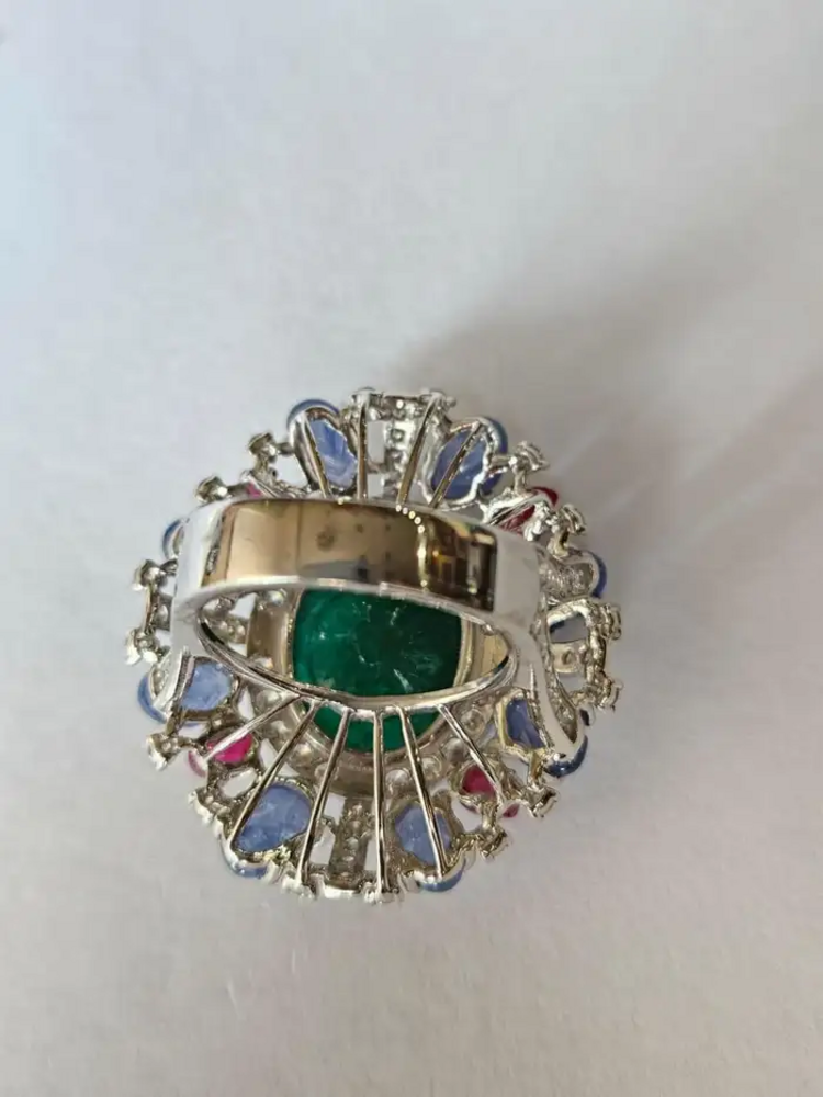 18k White Gold Handmade Cocktail Ring - Carved Emerald, Blue Sapphire & Ruby Statement Ring - Gold Diamond Women Ring