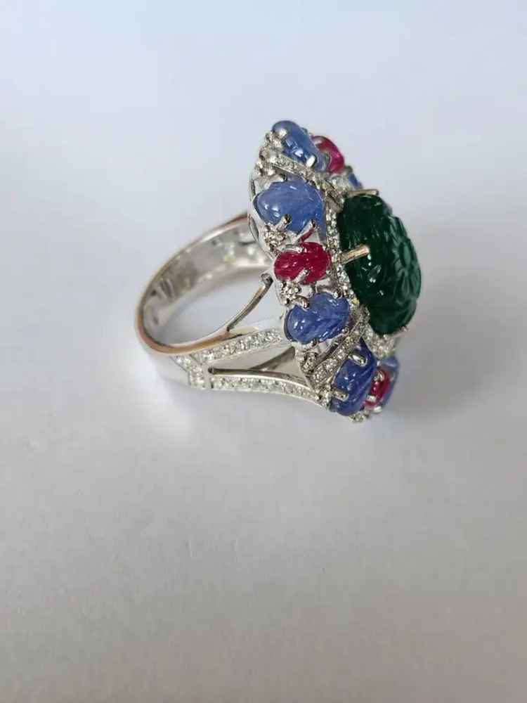 18k White Gold Handmade Cocktail Ring - Carved Emerald, Blue Sapphire & Ruby Statement Ring - Gold Diamond Women Ring