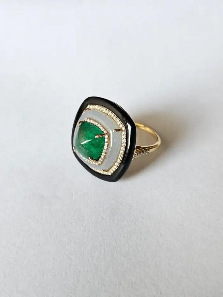 18K Yellow Gold Emerald Ring with Chalcedony, Black Onyx & Diamond Accents – Luxury Statement Jewelry