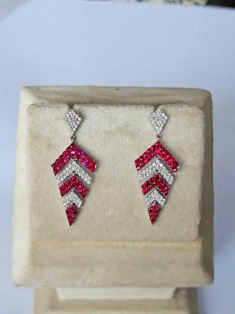 2.18 Ct. Mozambique Ruby & Diamond Earrings - 18k White Gold Handmade Chandelier Earrings