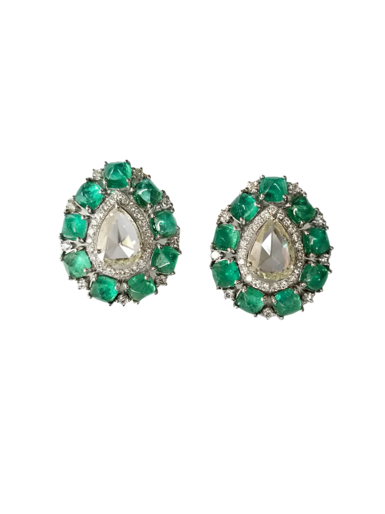 Colombian Emerald Sugarloaf & Rose Cut Diamond Stud Earrings - 18k White Gold Handmade Tiny Earrings