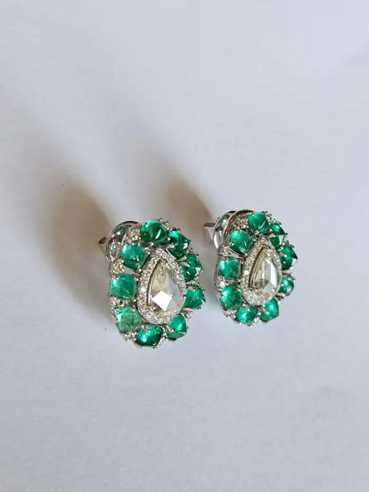 Colombian Emerald Sugarloaf & Rose Cut Diamond Stud Earrings - 18k White Gold Handmade Tiny Earrings