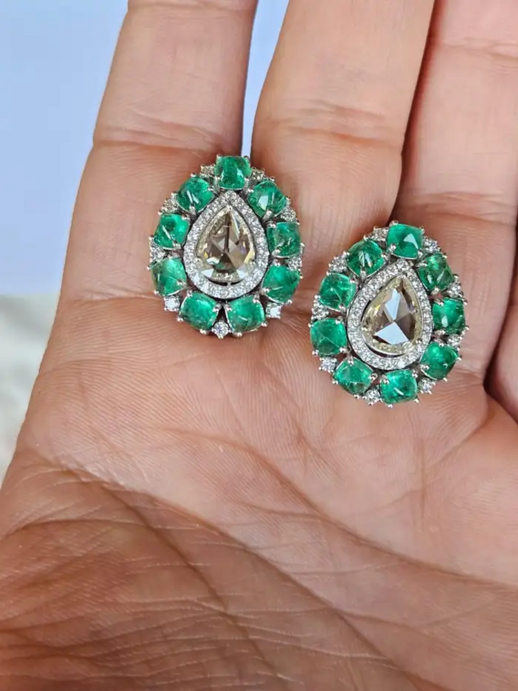 Colombian Emerald Sugarloaf & Rose Cut Diamond Stud Earrings - 18k White Gold Handmade Tiny Earrings