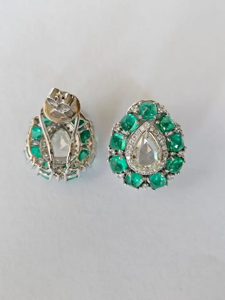 Colombian Emerald Sugarloaf & Rose Cut Diamond Stud Earrings - 18k White Gold Handmade Tiny Earrings