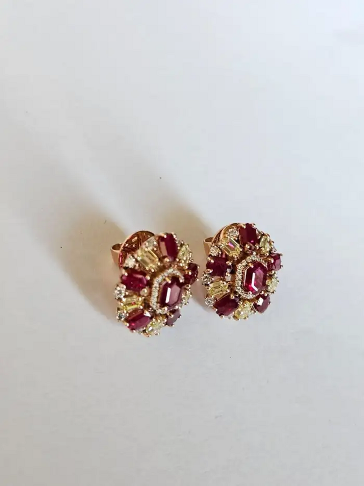 Mozambique Ruby & Yellow Diamond Stud Earrings - 18k Yellow Gold Diamond Stud Earrings