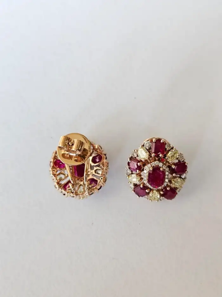 Mozambique Ruby & Yellow Diamond Stud Earrings - 18k Yellow Gold Diamond Stud Earrings
