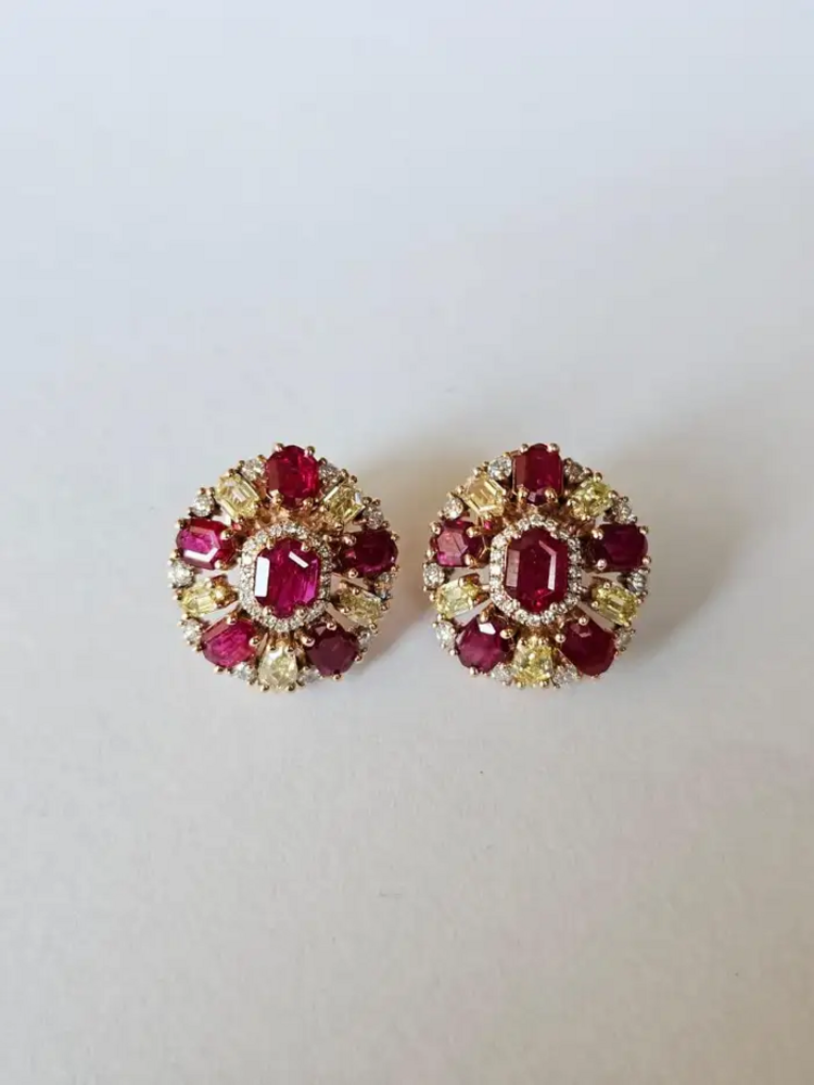 Mozambique Ruby & Yellow Diamond Stud Earrings - 18k Yellow Gold Diamond Stud Earrings