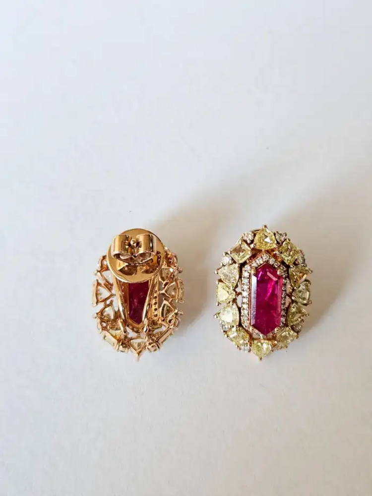 18k Rose Gold Yellow Diamond Stud Earrings - Natural Mozambique Ruby Tiny Earrings