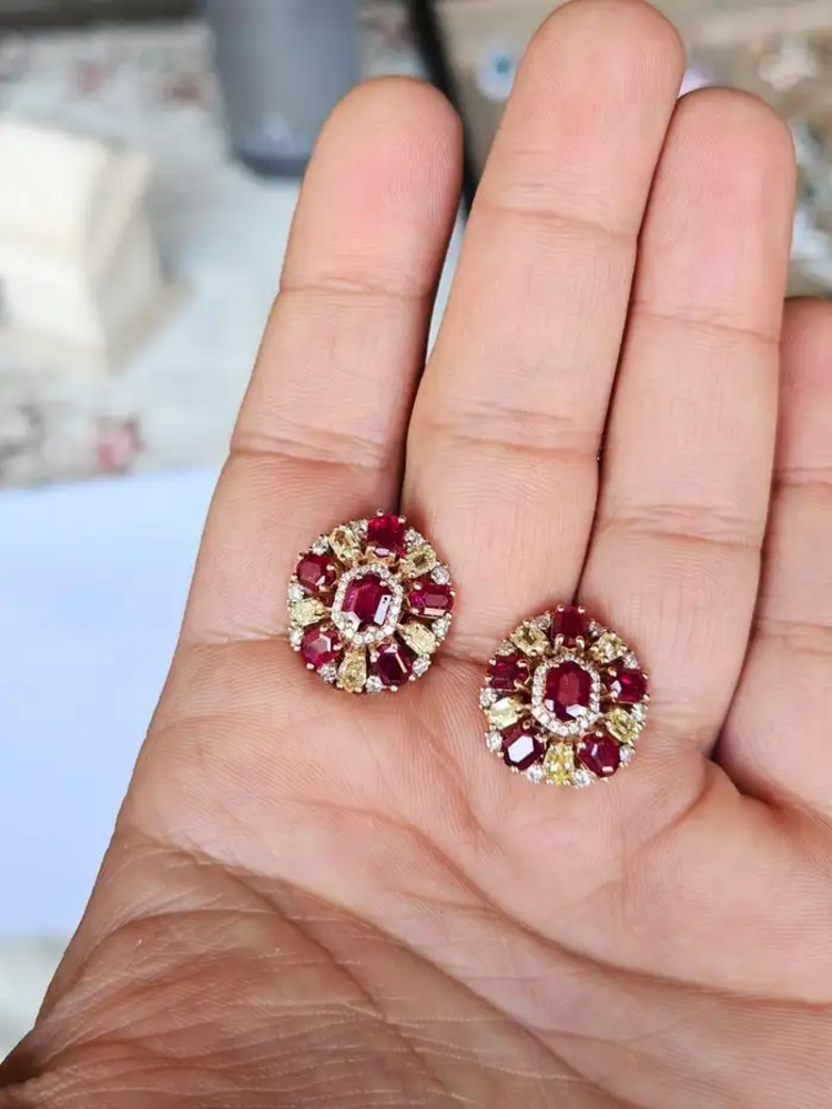 Mozambique Ruby & Yellow Diamond Stud Earrings - 18k Yellow Gold Diamond Stud Earrings