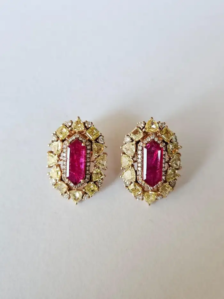 18k Rose Gold Yellow Diamond Stud Earrings - Natural Mozambique Ruby Tiny Earrings