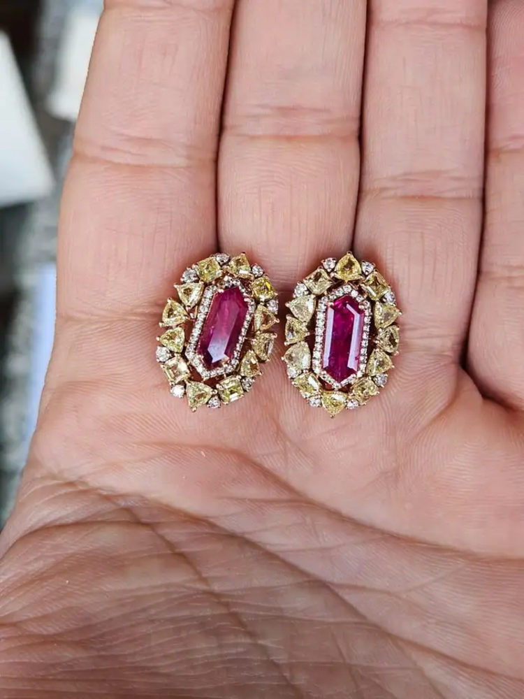 18k Rose Gold Yellow Diamond Stud Earrings - Natural Mozambique Ruby Tiny Earrings