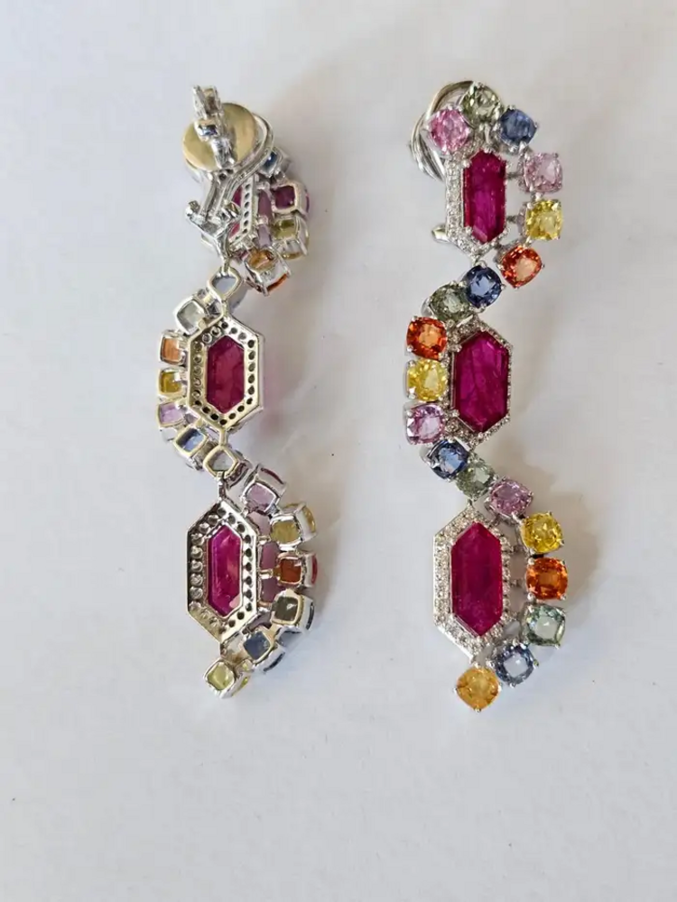 Natural Mozambique Ruby & Multi Sapphire Dangle Earrings - 18k White Gold Diamond Earrings