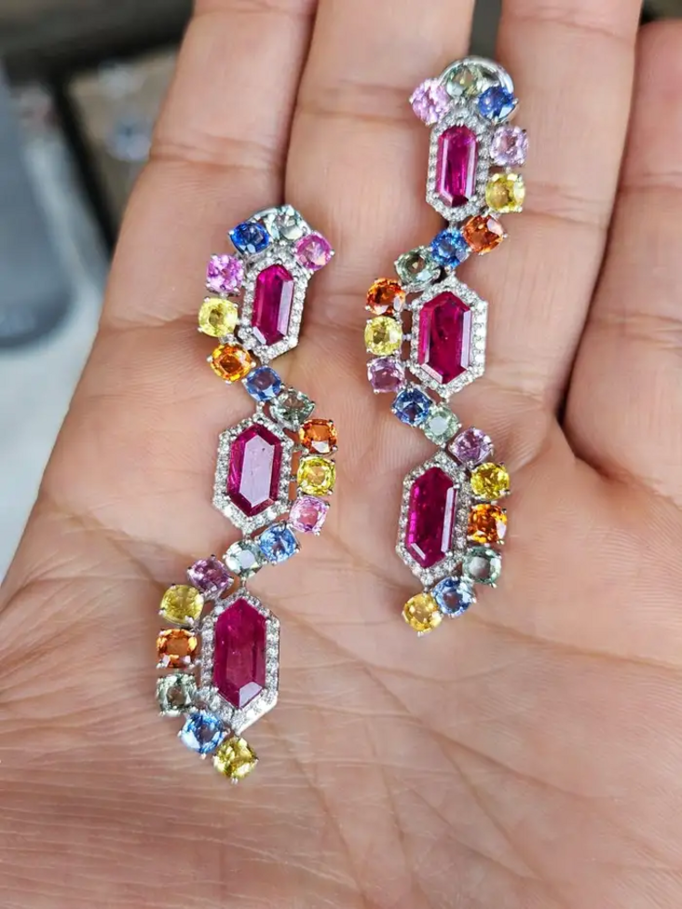 Natural Mozambique Ruby & Multi Sapphire Dangle Earrings - 18k White Gold Diamond Earrings
