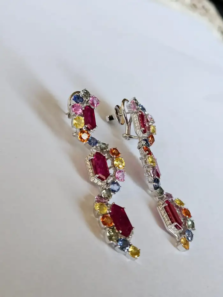 Natural Mozambique Ruby & Multi Sapphire Dangle Earrings - 18k White Gold Diamond Earrings