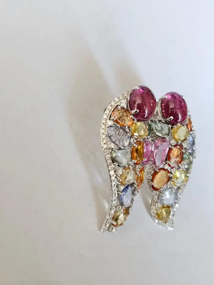 Natural Multi Sapphire & Tourmaline Gemstone Earrings - 18k White Gold Diamond Earrings