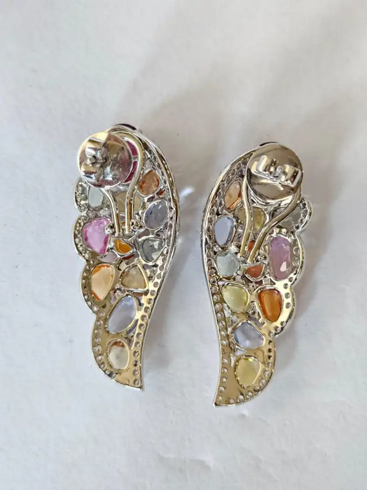 Natural Multi Sapphire & Tourmaline Gemstone Earrings - 18k White Gold Diamond Earrings