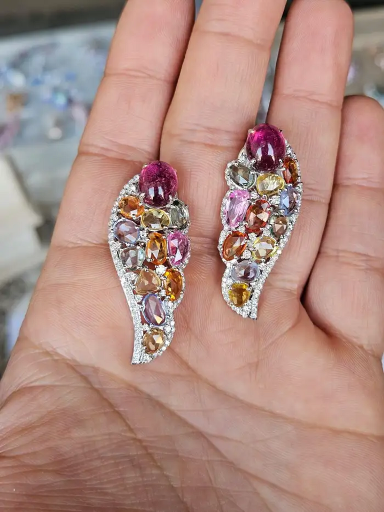 Natural Multi Sapphire & Tourmaline Gemstone Earrings - 18k White Gold Diamond Earrings