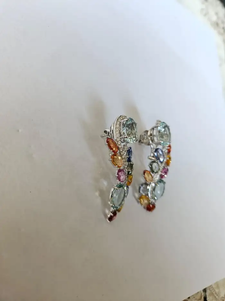 18k White Gold Multi Sapphire Chandelier Earring - Natural Aquamarine & Diamond Earrings