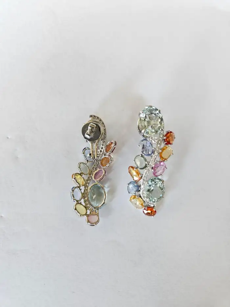 18k White Gold Multi Sapphire Chandelier Earring - Natural Aquamarine & Diamond Earrings