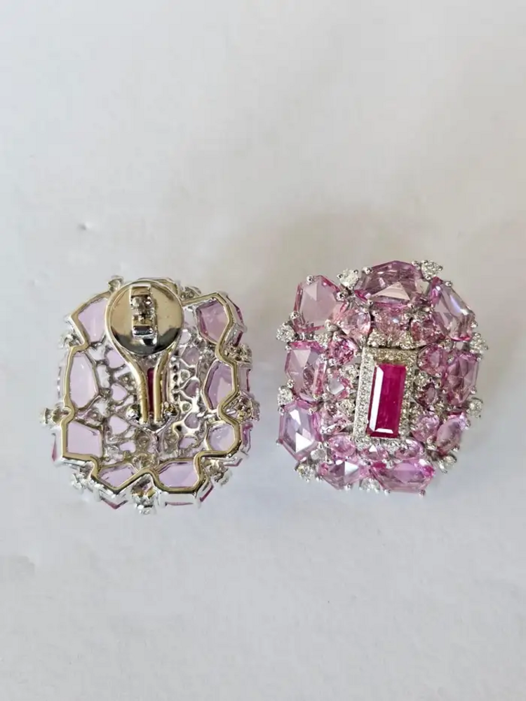 Natural Mozambique Ruby & Ceylon Pink Sapphire Stud Earrings - 18k White Gold Diamond Earrings