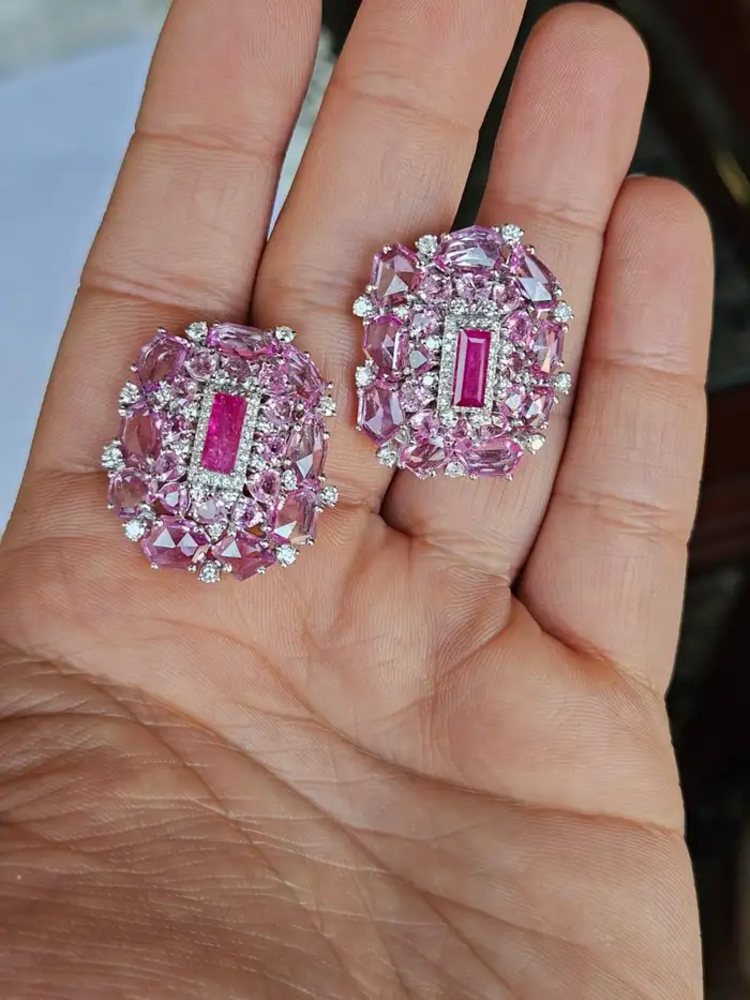 Natural Mozambique Ruby & Ceylon Pink Sapphire Stud Earrings - 18k White Gold Diamond Earrings