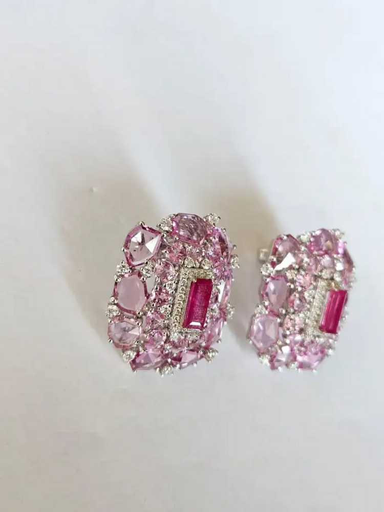 Natural Mozambique Ruby & Ceylon Pink Sapphire Stud Earrings - 18k White Gold Diamond Earrings