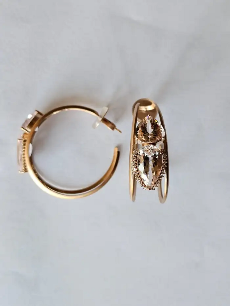 18k Yellow Matte Gold Hoop Earrings - Natural Morganite & Diamond Earrings