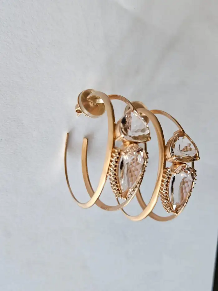 18k Yellow Matte Gold Hoop Earrings - Natural Morganite & Diamond Earrings