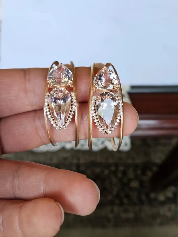 18k Yellow Matte Gold Hoop Earrings - Natural Morganite & Diamond Earrings