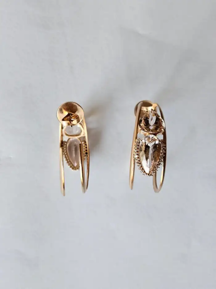 18k Yellow Matte Gold Hoop Earrings - Natural Morganite & Diamond Earrings