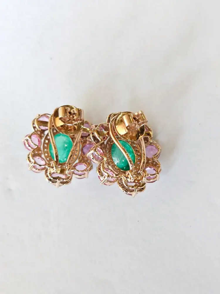 Natural Colombian Emerald & Pink Sapphire Stud Earrings - 18k Rose Gold Diamond Earrings
