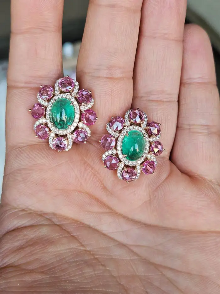 Natural Colombian Emerald & Pink Sapphire Stud Earrings - 18k Rose Gold Diamond Earrings