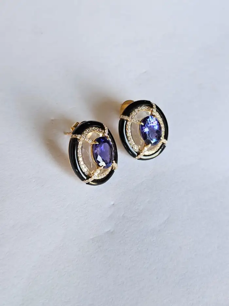 18k Gold Diamond & Tanzanite Gemstone Stud Earrings - Rock crystal & Black Onyx Earrings