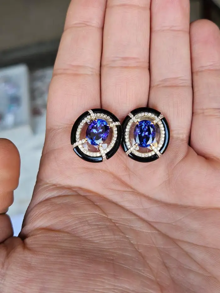 18k Gold Diamond & Tanzanite Gemstone Stud Earrings - Rock crystal & Black Onyx Earrings