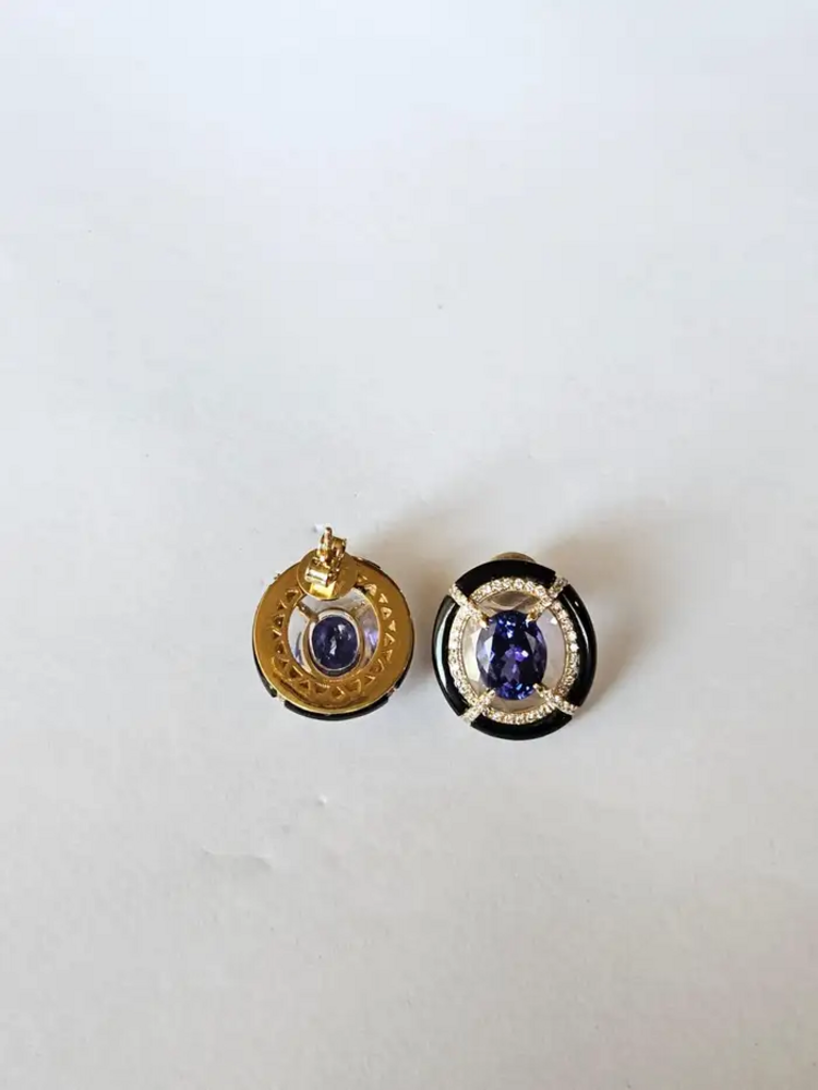 18k Gold Diamond & Tanzanite Gemstone Stud Earrings - Rock crystal & Black Onyx Earrings