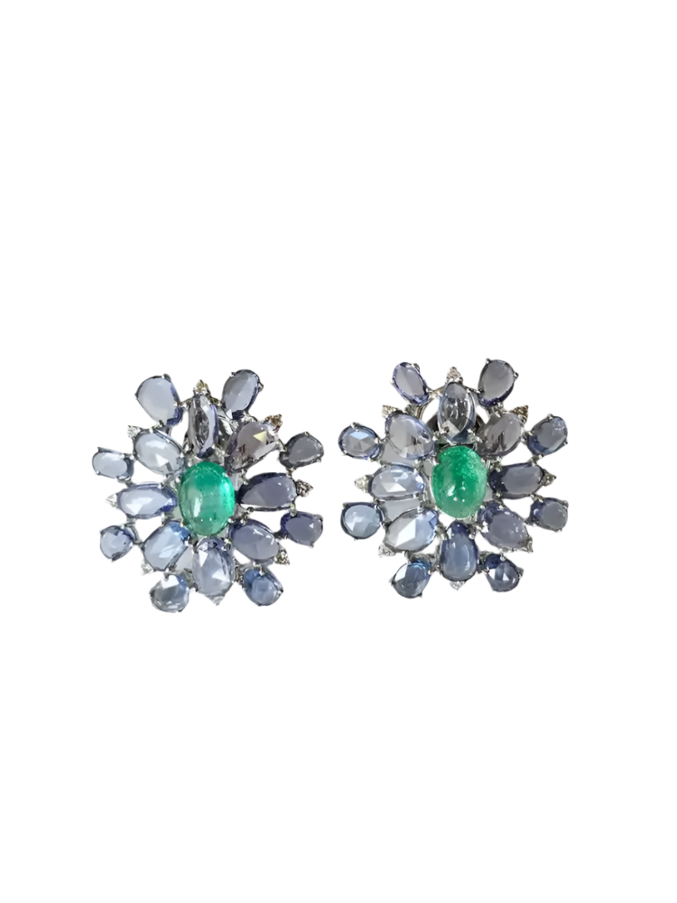 Natural Colombian Emerald & Blue Sapphire Floral Stud Earrings - 18k White Gold Diamond Earrings