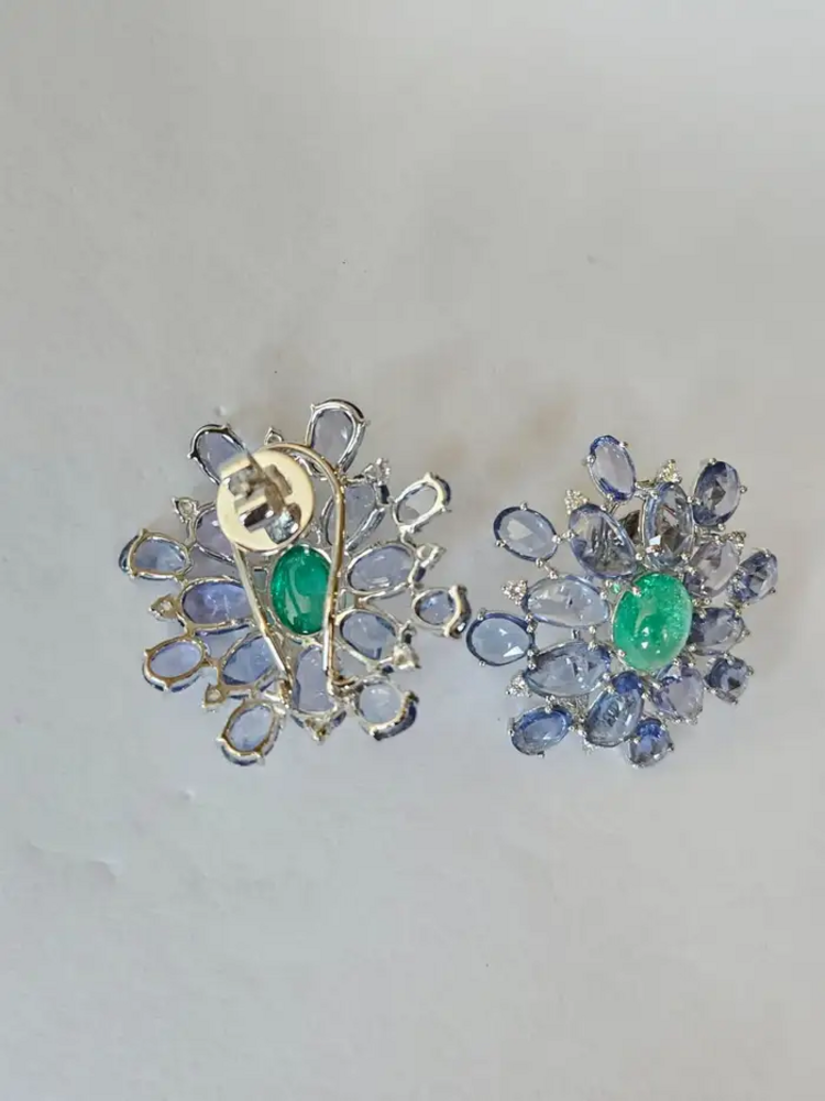 Natural Colombian Emerald & Blue Sapphire Floral Stud Earrings - 18k White Gold Diamond Earrings