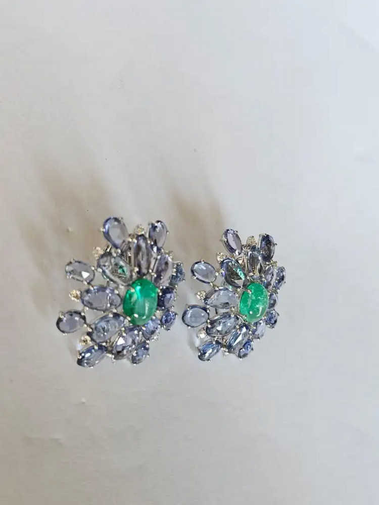 Natural Colombian Emerald & Blue Sapphire Floral Stud Earrings - 18k White Gold Diamond Earrings