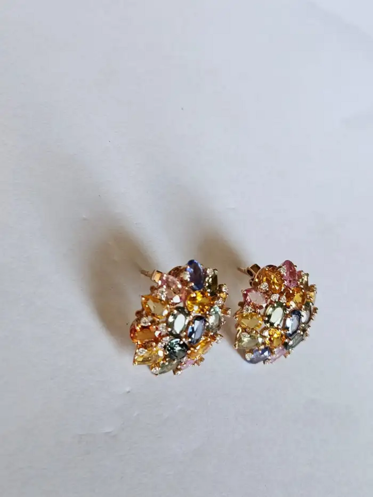 Ceylon Multi Sapphire & Diamond Stud Earrings - Handmade 18k Gold Diamond Women Earrings