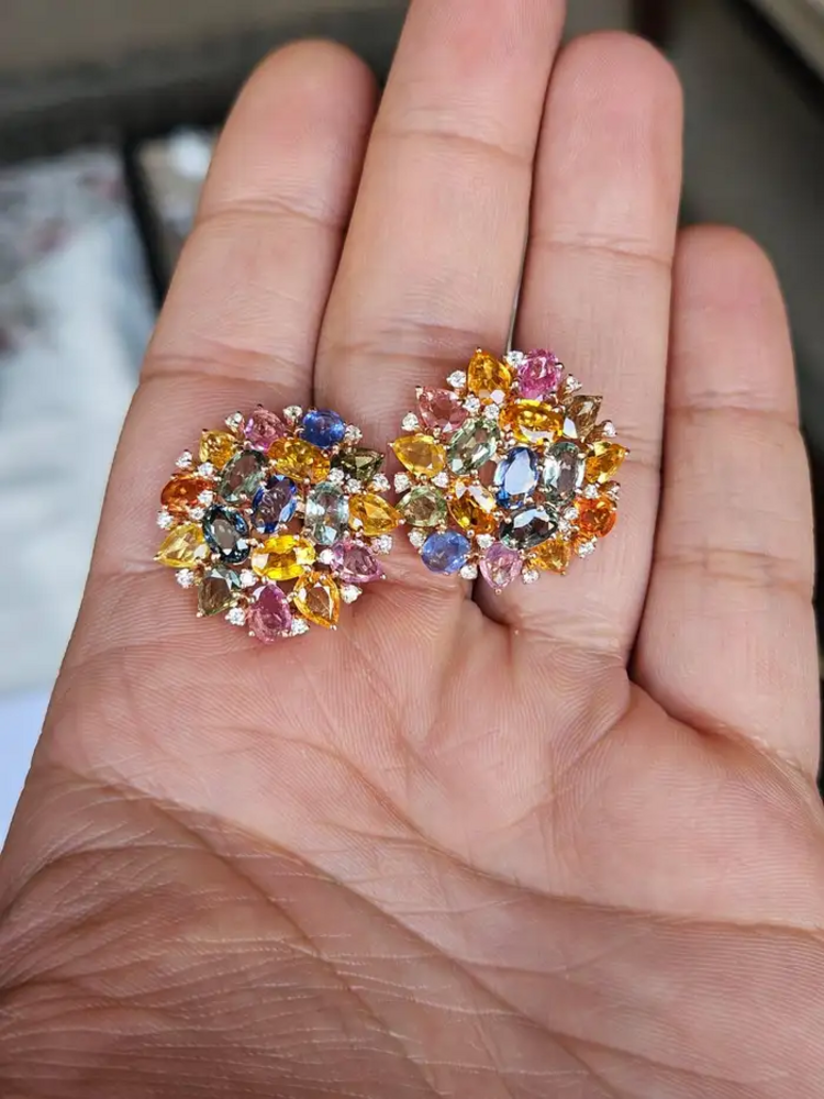 Ceylon Multi Sapphire & Diamond Stud Earrings - Handmade 18k Gold Diamond Women Earrings
