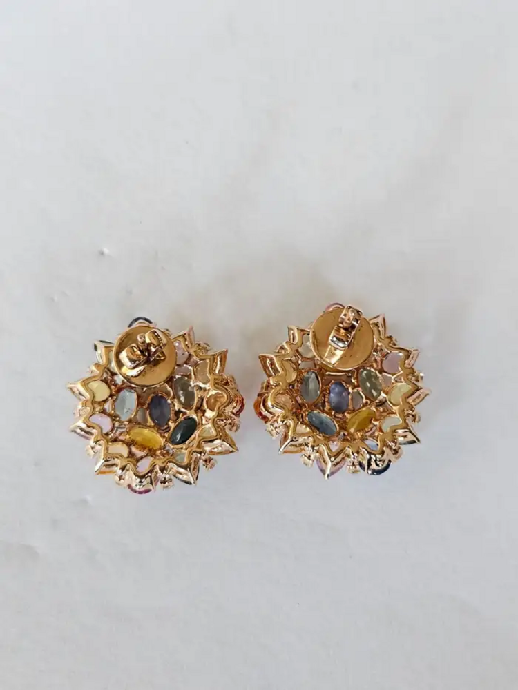 Ceylon Multi Sapphire & Diamond Stud Earrings - Handmade 18k Gold Diamond Women Earrings