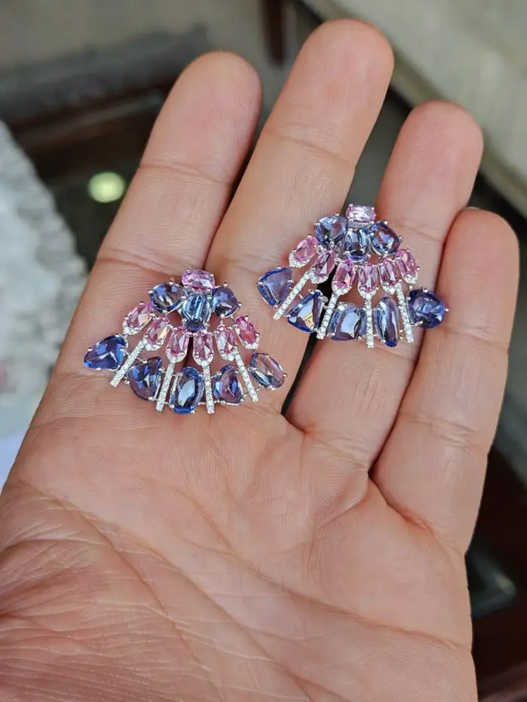 18k White Gold Diamond Stud Earrings - Natural Blue & Pink Sapphire Women Jewelry